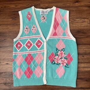 Vintage Jantzen Classics Argyle Sweater Vest Hand Embroidered Women Small Boho